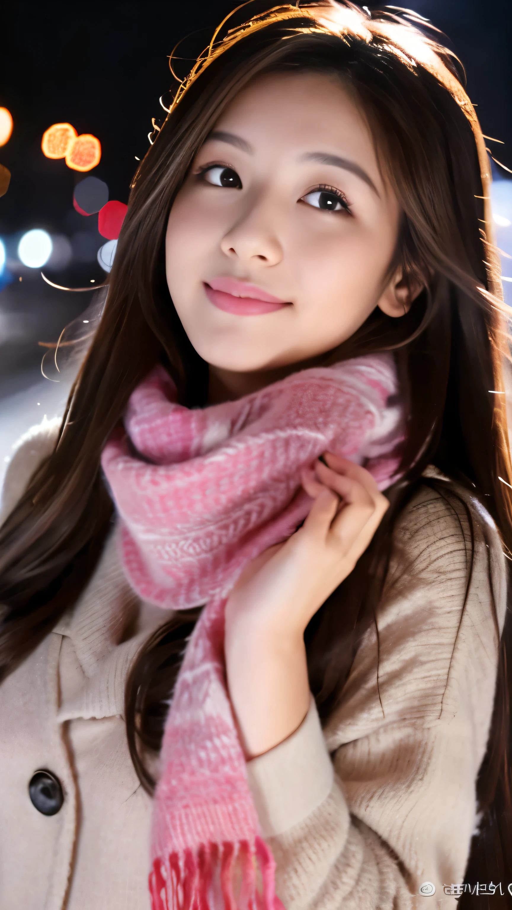 1 girl, blow a kiss, beautiful eyes, closed mouth, chestnut hair,long hair, looking at the viewer, compensate, night , pink lips, realistic, red lips, red scarf, scarf, sign, smile, alone, null間, being talked about ,star (null), starry null, Full-body high-definition images,