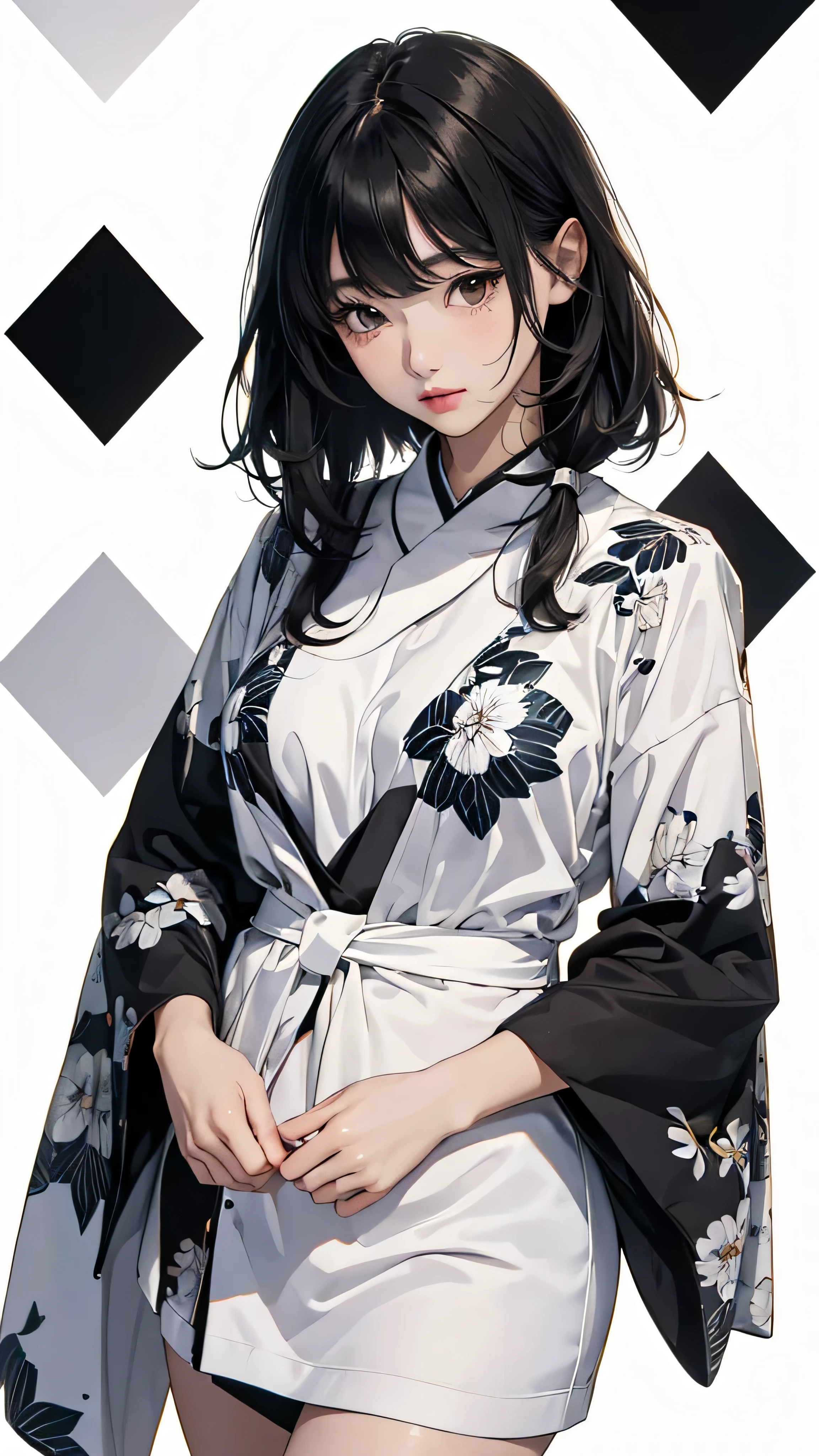 ((Highly detailed CG unit 8k wallpaper, masterpiece, High resolution, highest quality, highest qualityのリアルテクスチャスキン)), ((very beautiful woman, Nana Komatsu, a seductive look, plump lips, Figure with hands in pockets:1.5, upper part of the body, Japanese pattern haori, Hands hidden behind big sleeves:1.2, Japanese pattern micro mini shorts)), (messy black hair, white skin, small breasts), ((Colorful background with geometric patterns, and handle background, cool color, white background)), Sumi-e, hyper realistic, digital painting, concept art,