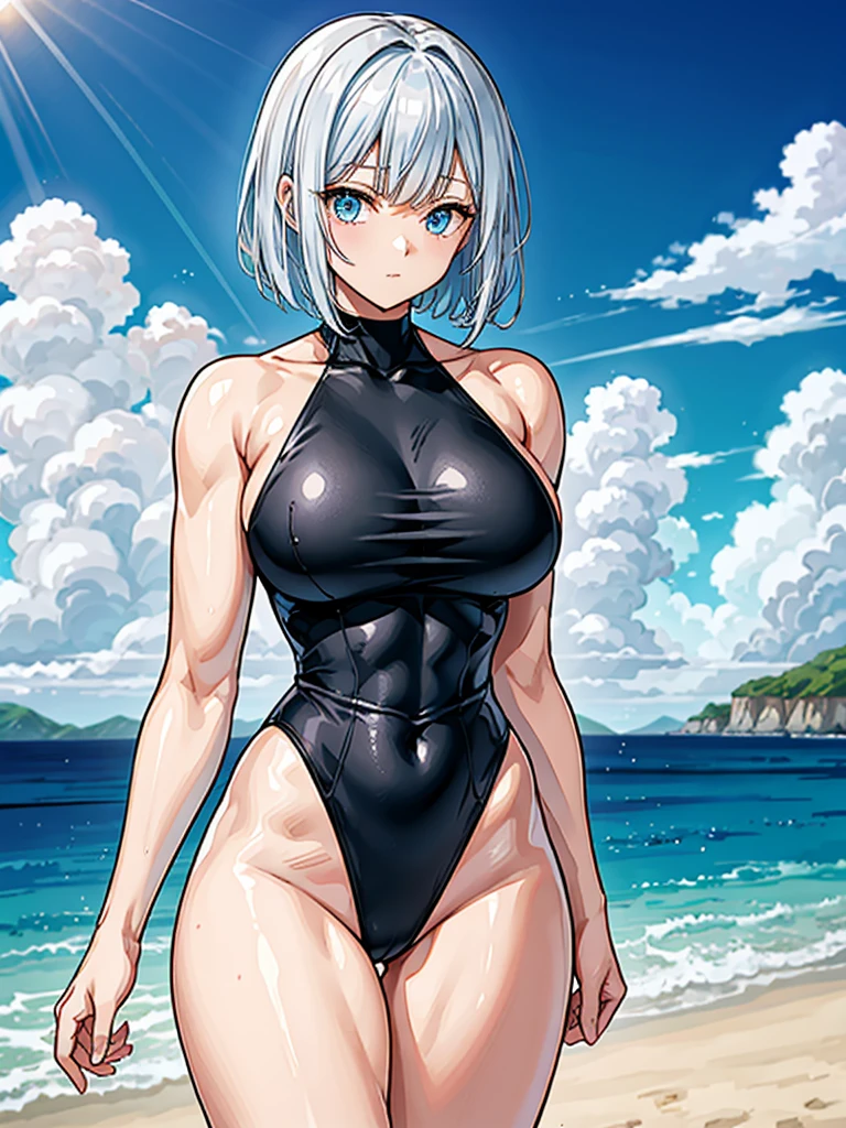 (((masterpiece、Highest image quality、highest quality、highly detailed unity 8kwallpaper)))、((Illustration of one girl))、(((beautiful girl)))、((white hair、very short hair、blue hair band、light blue eyes))、(((stocky build, thickset physique, muscular legs, broad shoulders, solid chest)))、swimsuit、sandy beach