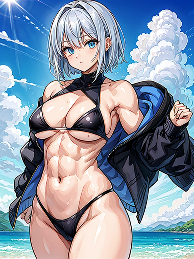 (((masterpiece、Highest image quality、highest quality、highly detailed unity 8kwallpaper)))、((Illustration of one girl))、(((beautiful girl)))、((white hair、very short hair、blue hair band、light blue eyes))、(((stocky build, thickset physique, muscular legs, broad shoulders, solid chest)))、swimsuit、sandy beach