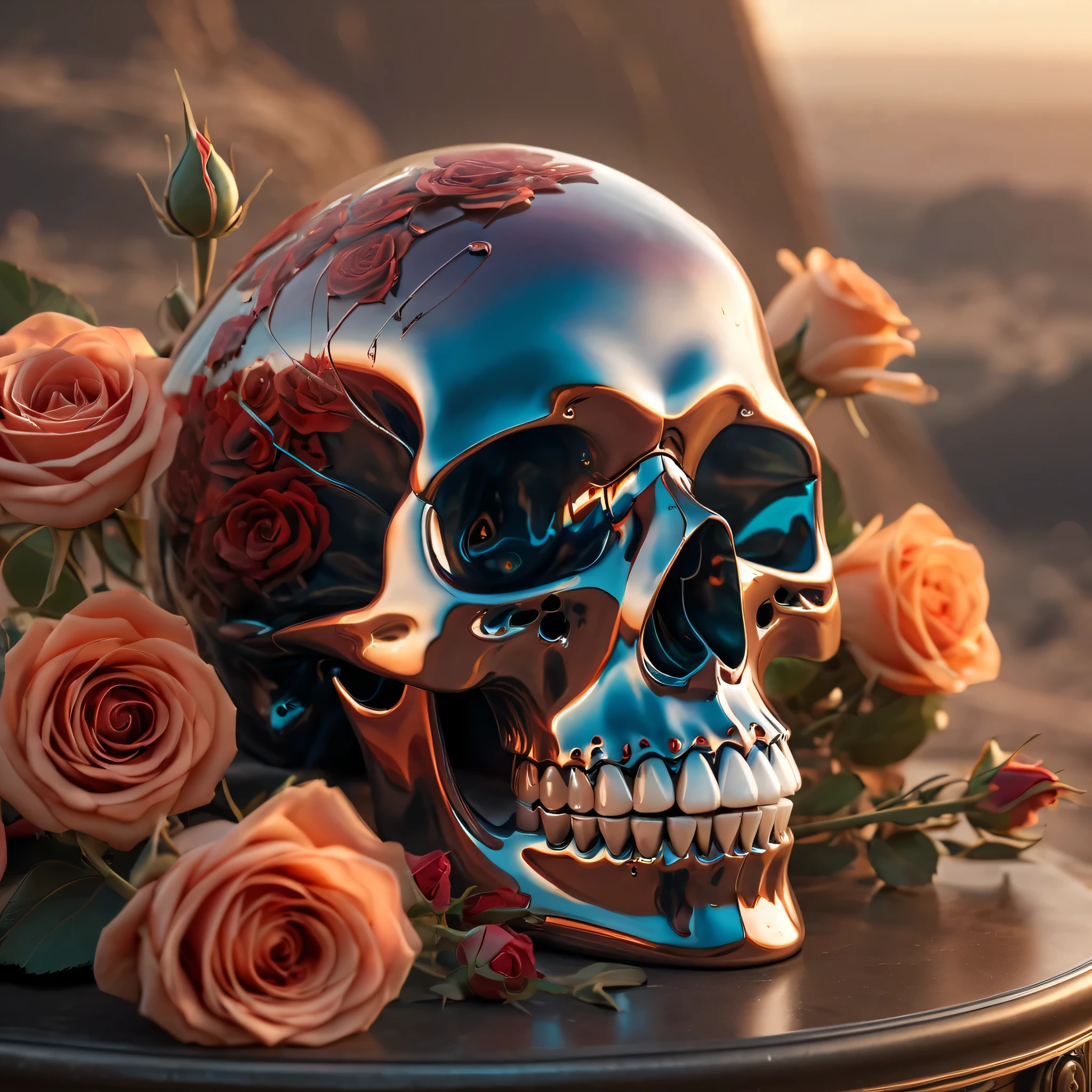 (best quality,8K,high resolution,muste piece:1.2,details:1.5),Super detailed:1.5,Eerily realistic transparent glass skull,Bouquet of roses,elaborate corpse,scary theme,desert:1.5,horror setup