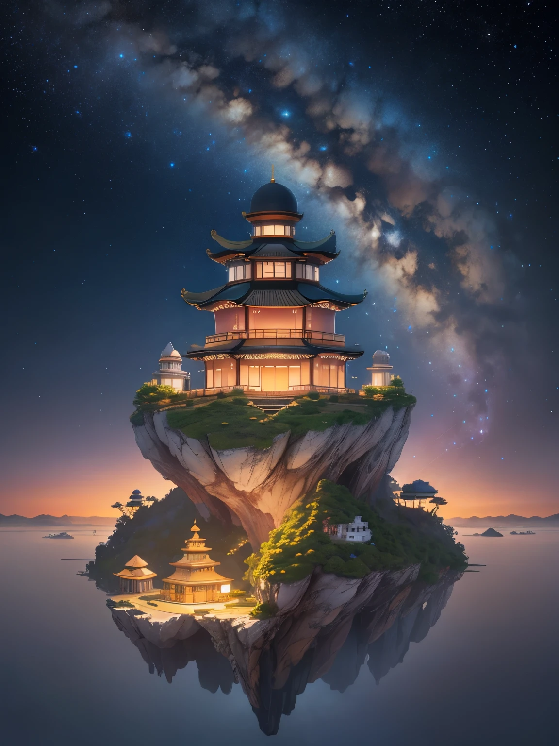 highest quality。masterpiece。beautiful。detailed details。((There is a very small observatory、floating island floating in the sky))。The background is a starry sky with the Milky Way。