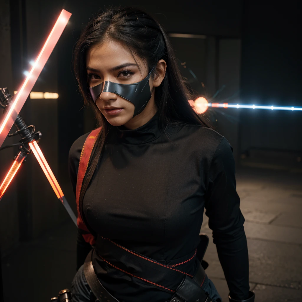 (Foto bruta,realista,fotorrealista),dynamic angle,lindo,incredible,epic,ultra-detalhado,1garota\(mecha\),(Techpunk mask:1.2),corpo esguio,kong-fu,cabelo preto,olhos negros,Chinese hairstyle ,transparente,corpo brilhante,cyberpunk,ninja ciborgue,cinematic lighting,Highlight lighting,dramatic_shadow,ray_tracing,complex clothes and patterns,luta,(segurando laser-katana: 1.3),franja de cabelo,long red scarf,pele altamente real , ao ar livre, strong dynamic pose, luzes de neon, lindo brilho,