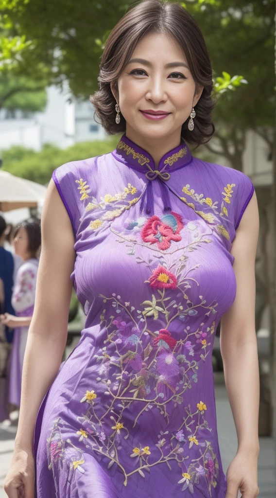 best quality, High resolution, Hires, skin definition, detailed skin, detailed eyes, detailed face, 4K, 日本人mature woman, ((solo)), (((50 years old))), (wrinkles at the corners of the eyes:1.4), (nasolabial folds:1.4), mature woman, sex appeal, sexy, fair skin, ((wavy long hair)), Looking at viewer,(((old skin:1.1))), ((loose muscles:1.1)), (((very large breasts:1.28))), ((loose breasts)), (flaccid butt), ((japanese model)), 4K, (photoReality:1.5), Reality, ticker, Beautiful, Bimbo, Perfect makeup, eye make up:1.5, earrings, (((Purple cheongsam, sexyドレス, delicate embroidered dress))), smile, Public place,full body photo,
