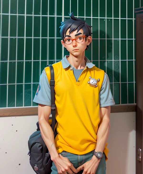 A young man wearing glasses sits at a desk.,Hold the laptop.,digital painting,3D character designs by Mark Clairen and Pixar and Hayao Miyazaki and Akira Toriyama,4K HD illustrations,Very detailed facial features and cartoon style images.。