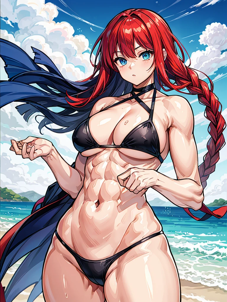 (((masterpiece、Highest image quality、highest quality、highly detailed unity 8kwallpaper)))、((Illustration of one girl))、(((beautiful girl)))、((red hair、Braid、sidelocks:1.2、blue eyes))、(stocky build, thickset physique, muscular legs, broad shoulders, solid chest)、swimsuit、sandy beach