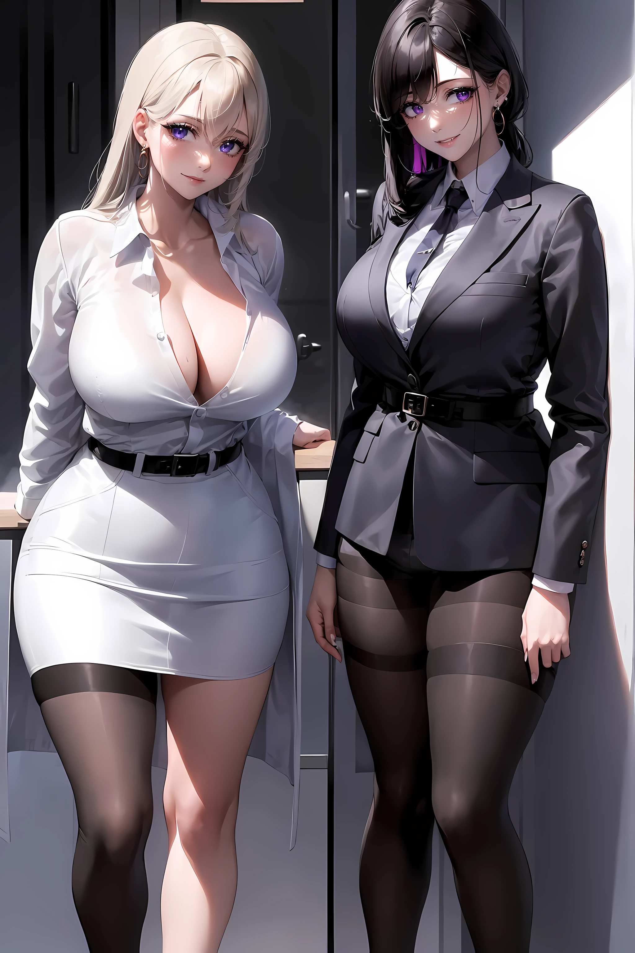 (1girl:1.5),(Best quality,4K,8K,A high resolution,tmasterpiece:1.2),ultra - detailed,(actual,photoactual,photo-actual:1.37),black suit jacket,sliver long hair,girl with Redlip,girl in suit jacket,girl in elegant clothing,Redlip,Perfect application for lipstick,(beautidful eyes:1.4),(white shirt:1.5),silber hair,a purple eye,light smile,Happy expression,highlydetailed skin,Stunning face,Long eyelashes,black eyeliner,a work of art,(Black belt:1.2),white shirt,Dangle earrings,(regular suit:1.2),Full body lesbian