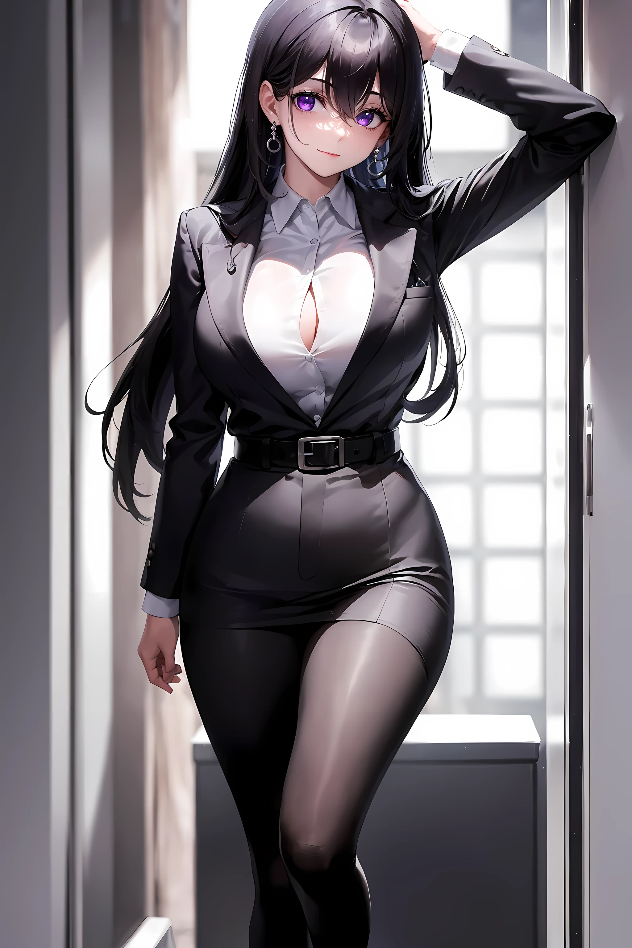 (1girl:1.5),(Best quality,4K,8K,A high resolution,tmasterpiece:1.2),ultra - detailed,(actual,photoactual,photo-actual:1.37),black suit jacket,sliver long hair,girl with Redlip,girl in suit jacket,girl in elegant clothing,Redlip,Perfect application for lipstick,(beautidful eyes:1.4),(white shirt:1.5),silber hair,a purple eye,light smile,Happy expression,highlydetailed skin,Stunning face,Long eyelashes,black eyeliner,a work of art,(Black belt:1.2),white shirt,Dangle earrings,(regular suit:1.2),Full body lesbian