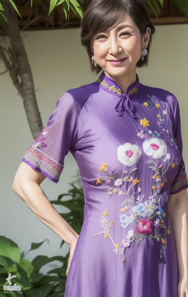 best quality, High resolution, Hires, skin definition, detailed skin, detailed eyes, detailed face, 4K, 日本人mature woman, ((solo)), (((50 years old))), (wrinkles at the corners of the eyes:1.4), (nasolabial folds:1.4), mature woman, sex appeal, sexy, fair skin, ((wavy short hair)), Looking at viewer,(((old skin:1.1))), ((loose muscles:1.1)), (((very large breasts:1.28))), ((loose breasts)), (flaccid butt), ((japanese model)), 4K, (photoReality:1.5), Reality, ticker, Beautiful, Bimbo, Perfect makeup, eye make up:1.5, earrings, (((Purple cheongsam, sexyドレス, delicate embroidered dress))), smile, Public place,full body photo,