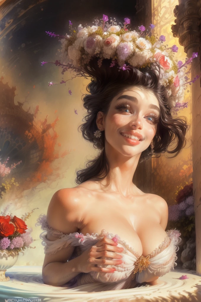 (highres, realistic:1.37), beautiful detailed eyes, beautiful detailed lips, longeyelashes, curvy figure, confident smile, elegant pose, vibrant colors, regency era, by norman lindsay, bokeh, oil painting style, soft lighting, romantic setting, blooming flowers, flowing dress, graceful movement, delicate features, alluring gaze