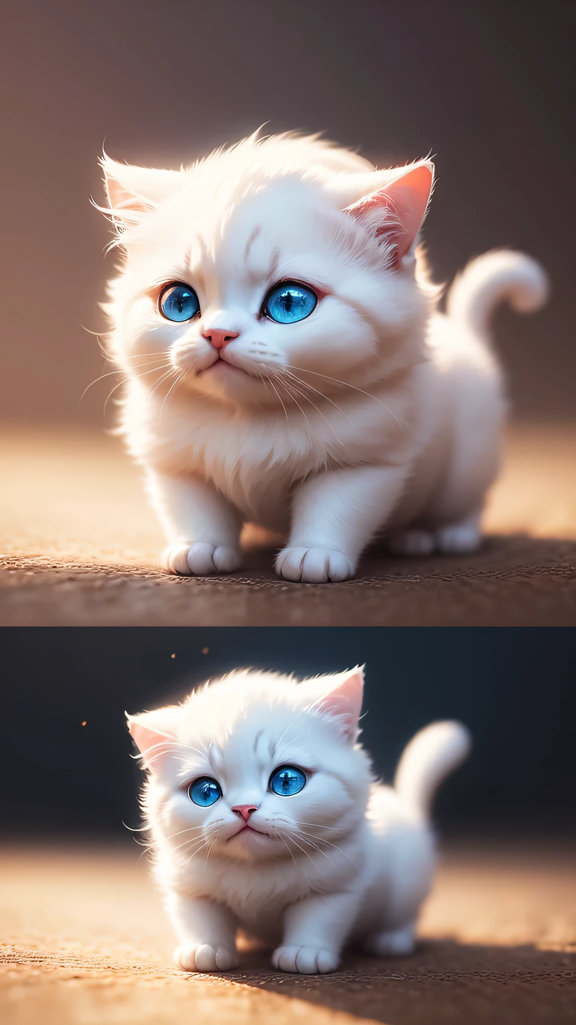 cute little surreal cat、white cat、Little、adorable fluffy、cinematic lighting effects、Charming、cute and quirky、fantasy art、Bokeh、digital painting、soft lighting、4K resolution、 photorealistic rendering、very detailed、a realistic masterpiece、professional photography、