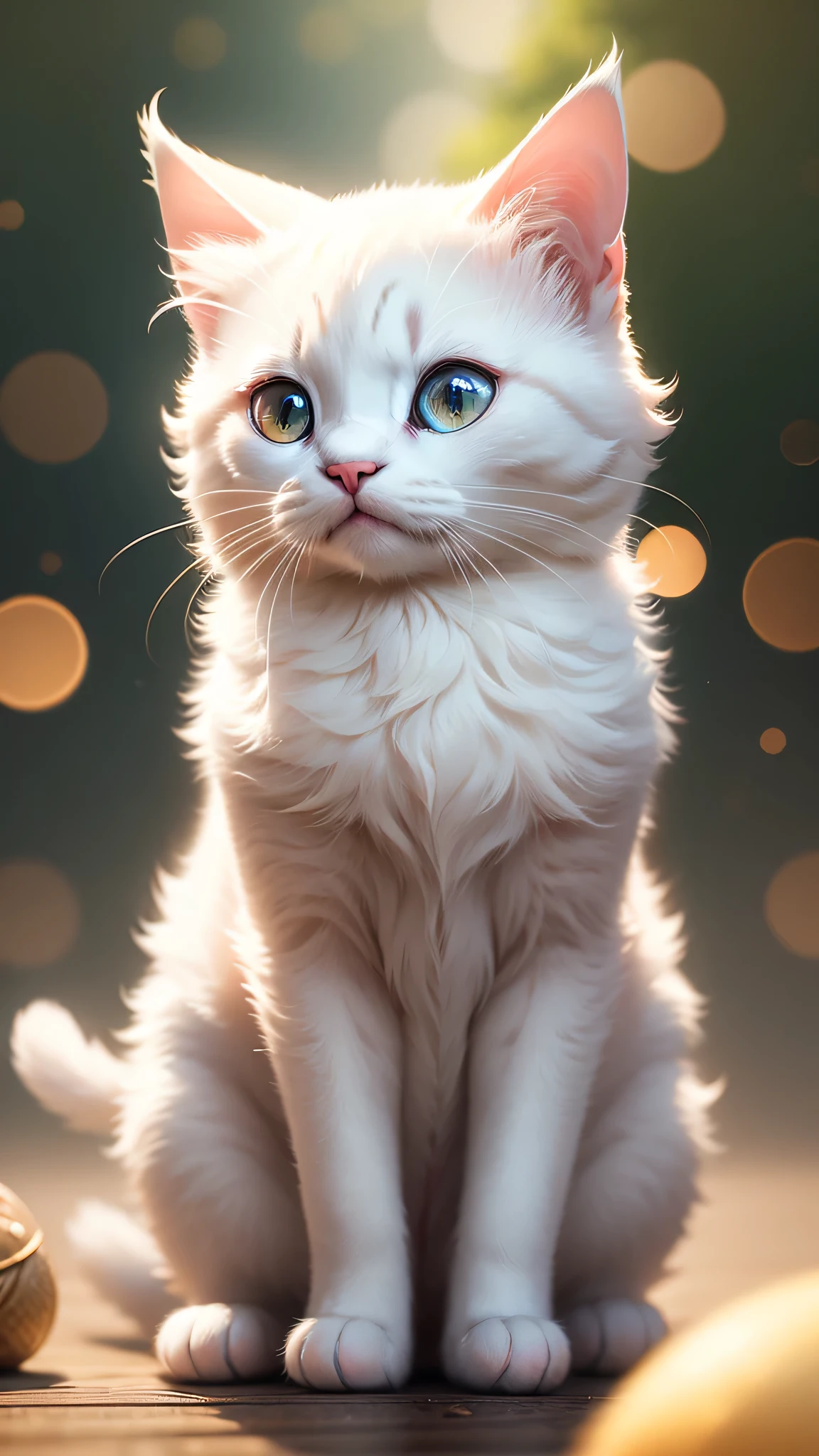 cute little surreal cat、white cat、Little、adorable fluffy、cinematic lighting effects、Charming、cute and quirky、fantasy art、Bokeh、digital painting、soft lighting、4K resolution、 photorealistic rendering、very detailed、a realistic masterpiece、professional photography、
