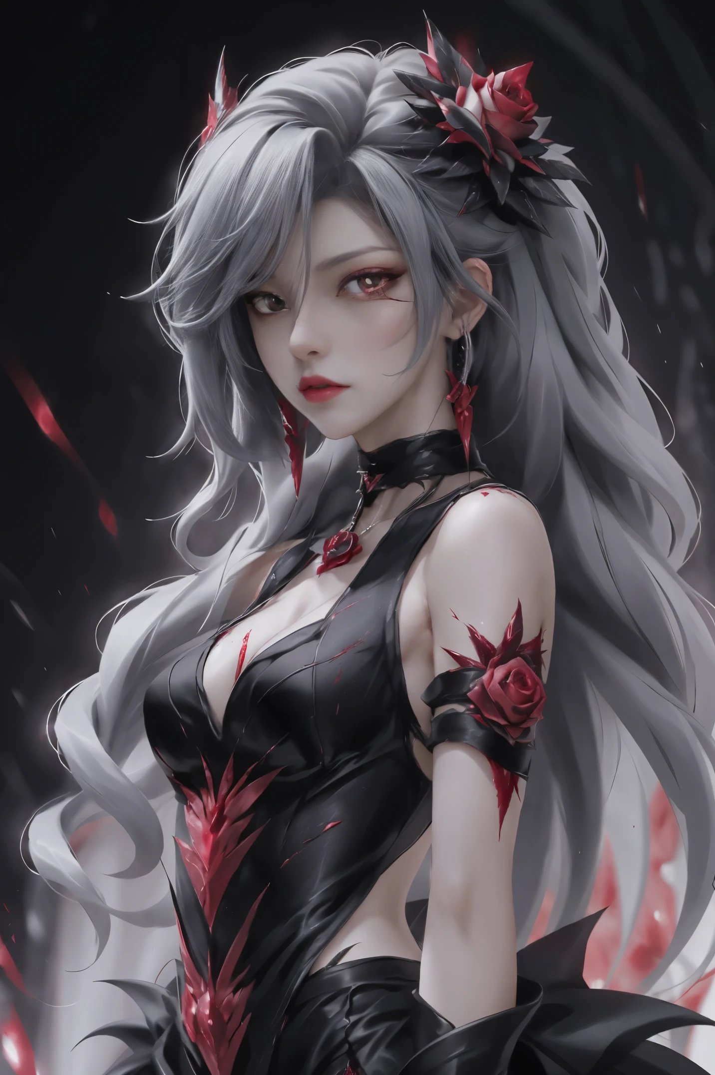 best quality, 1girl, solo, long hair, black dress, looking at viewer, upper body, gray hair, roses in hair, blood red eyes, stretcher missing