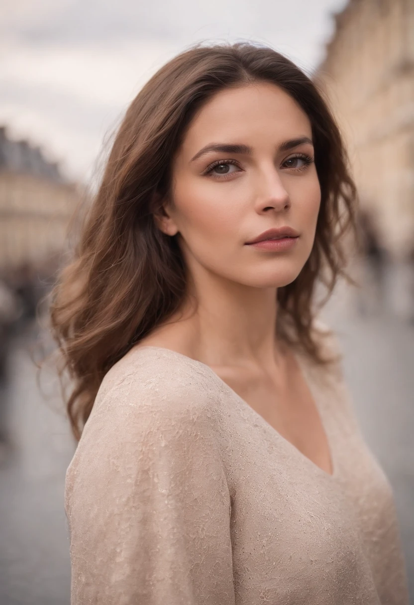 Mulher sexy, 30 anos, sexy, atletic, pele bronzeada, Seios grandes, cintura estreita, cabelos loiros cacheados, Modelo do Instagram, Realista, Foto: Instagram, fotografia, Genuine, natural. Paisagens de Paris, Tall Buildings Holding Hair Behind Her Head With Big Fes