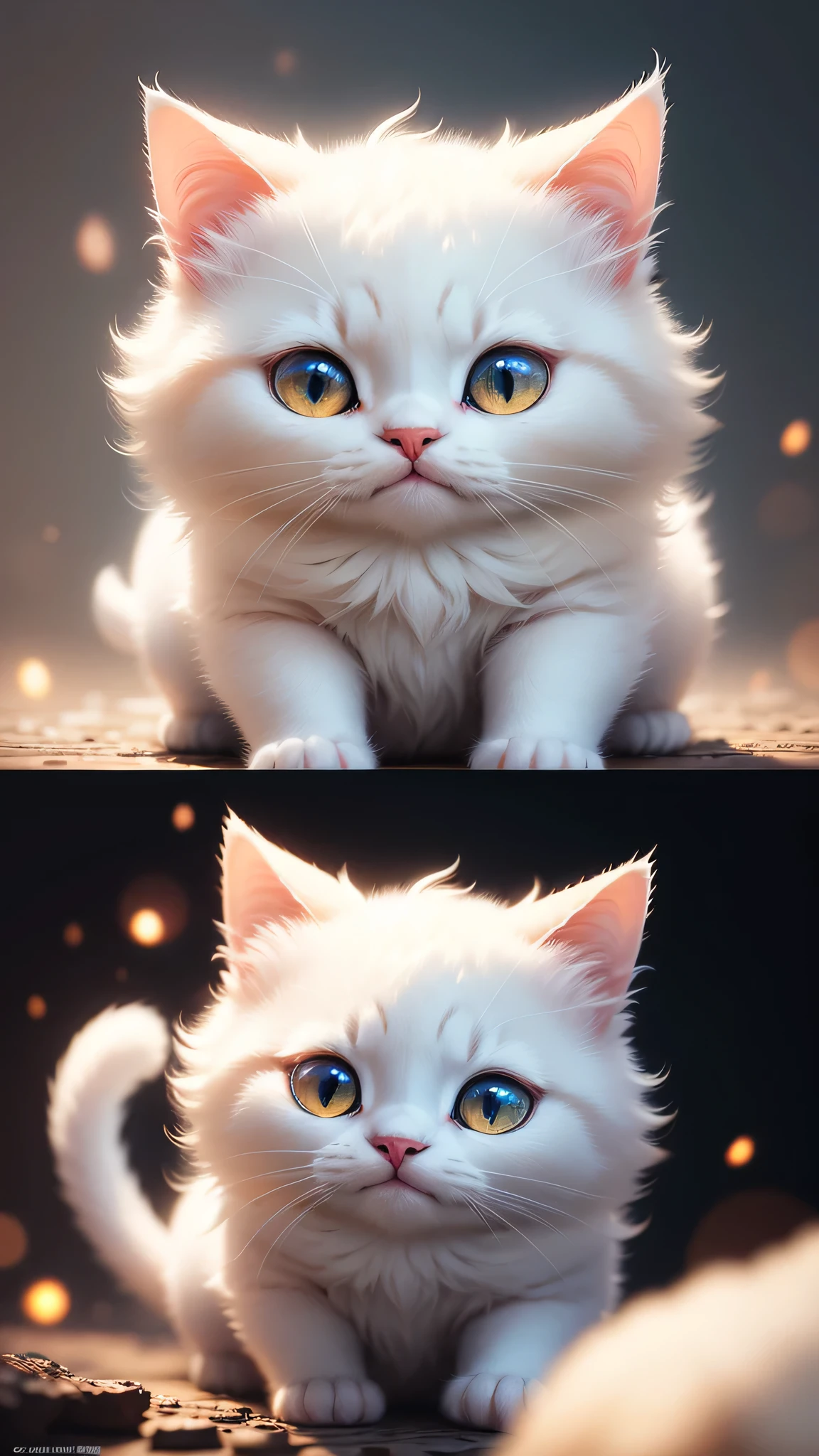 cute little surreal cat、white cat、Little、adorable fluffy、cinematic lighting effects、Charming、cute and quirky、fantasy art、Bokeh、digital painting、soft lighting、4K resolution、 photorealistic rendering、very detailed、a realistic masterpiece、professional photography、