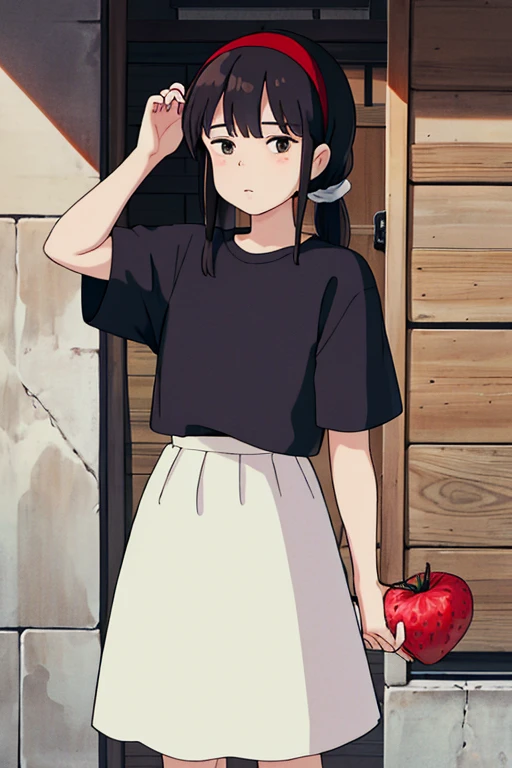 ghibli style, All nude Ki Nozomi \(maj○ n○ takkyuubin\),
1 girl, :○, bangs, black eye, black hair, black shirt, blush, b○w, b○w hair band, c○llarb○ne, Day, nail, f○○d, fruits, hair b○w, hair band, h○lding, h○lding f○○d, h○lding fruits, l○○king at viewer, ○pen m○uth, ○utd○○rs, red b○w, red hair band, shirt, sh○rt hair, s○l○, strawberry, Day光, upper b○dy, water dr○p
, ((masterpiece))