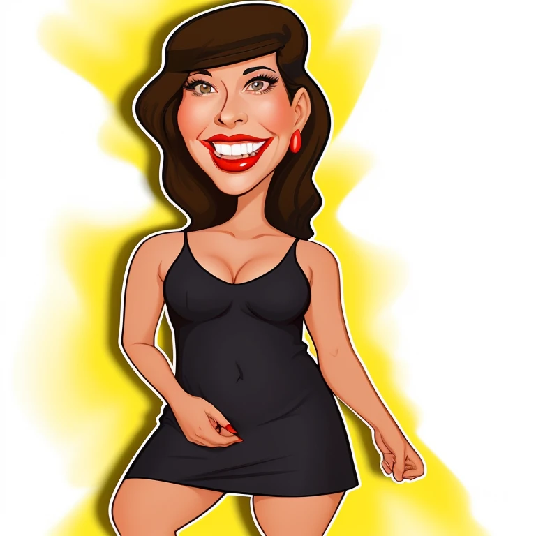cartoon woman in black dress with red lips and a smile, charicature, in cartoon style, caricature style, cartoon portrait, caricature illustration, cartoon digital art, caricatural, caricature!!!, cartoon artstyle, cartoonish, cel shaded:15, digital art cartoon, cel shaded!!!, full color digital illustration, !!full body portrait!!, cartoon art