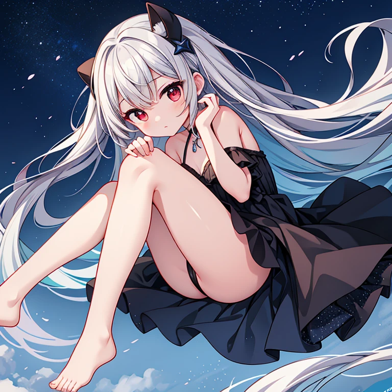 highest quality, perfect body, Delicate facial details, facial details, whole body, arm details,leg details,one human girl, alone, red eyes, droopy eyes, gray hair, straight hairstyle, pretty girl, unrevealing clothes,dressed in black,No expression,Dark night sky,midnight sky