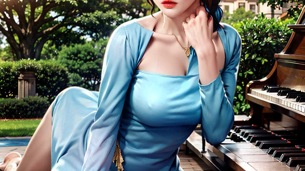 Top quality, lots of details, a beautiful girl, artistic, beautiful, elegant, slender eyebrows and clear eyes. Ruddy lips, soft skin, bandeau dress with gold edges, antique long-sleeved dress, stroking posture and waiting posture. The blue sky and the quiet courtyard (literary and elegant, antique, long-sleeved dresses, piano posture), full body close-up