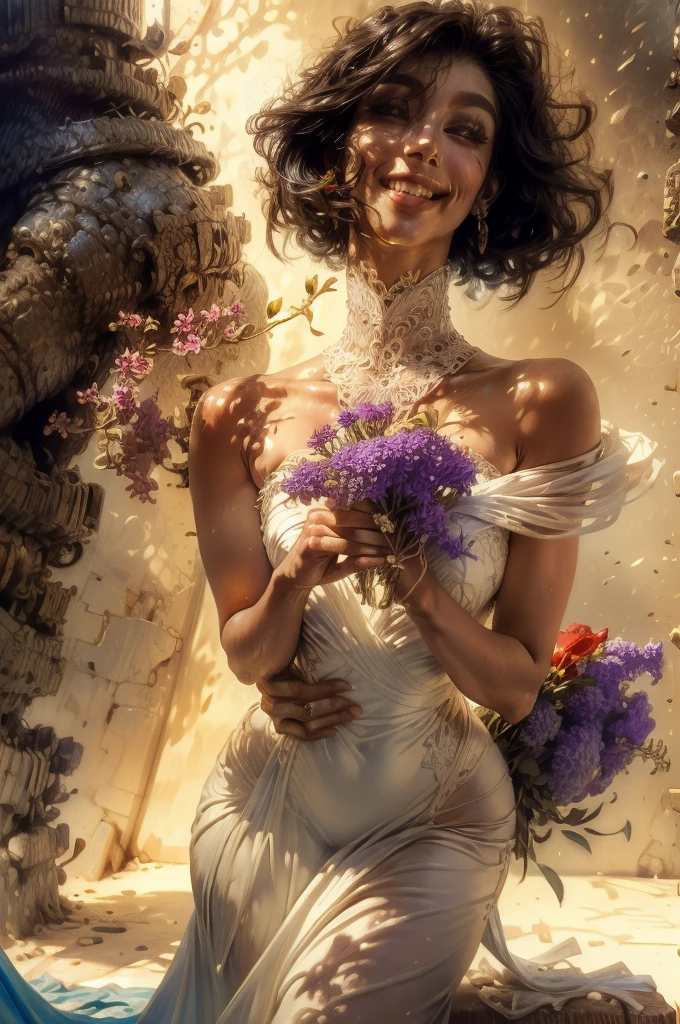 (highres, realistic:1.37), beautiful detailed eyes, beautiful detailed lips, longeyelashes, curvy figure, confident smile, elegant pose, vibrant colors, regency era, by norman lindsay, bokeh, oil painting style, soft lighting, romantic setting, blooming flowers, flowing dress, graceful movement, delicate features, alluring gaze,