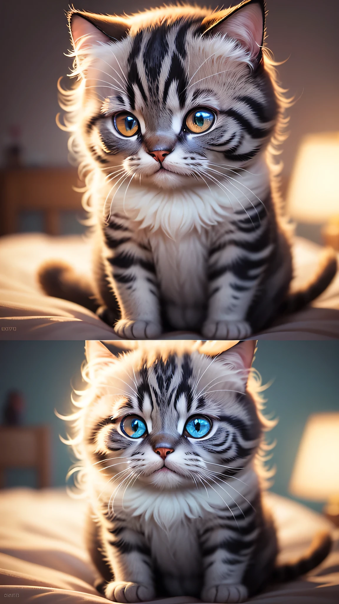 cute little surreal cat、Scottish Fold、droopy ears、Little、adorable fluffy、cinematic lighting effects、Charming、cute and quirky、fantasy art、Bokeh、digital painting、soft lighting、4K resolution、 photorealistic rendering、very detailed、a realistic masterpiece、professional photography、