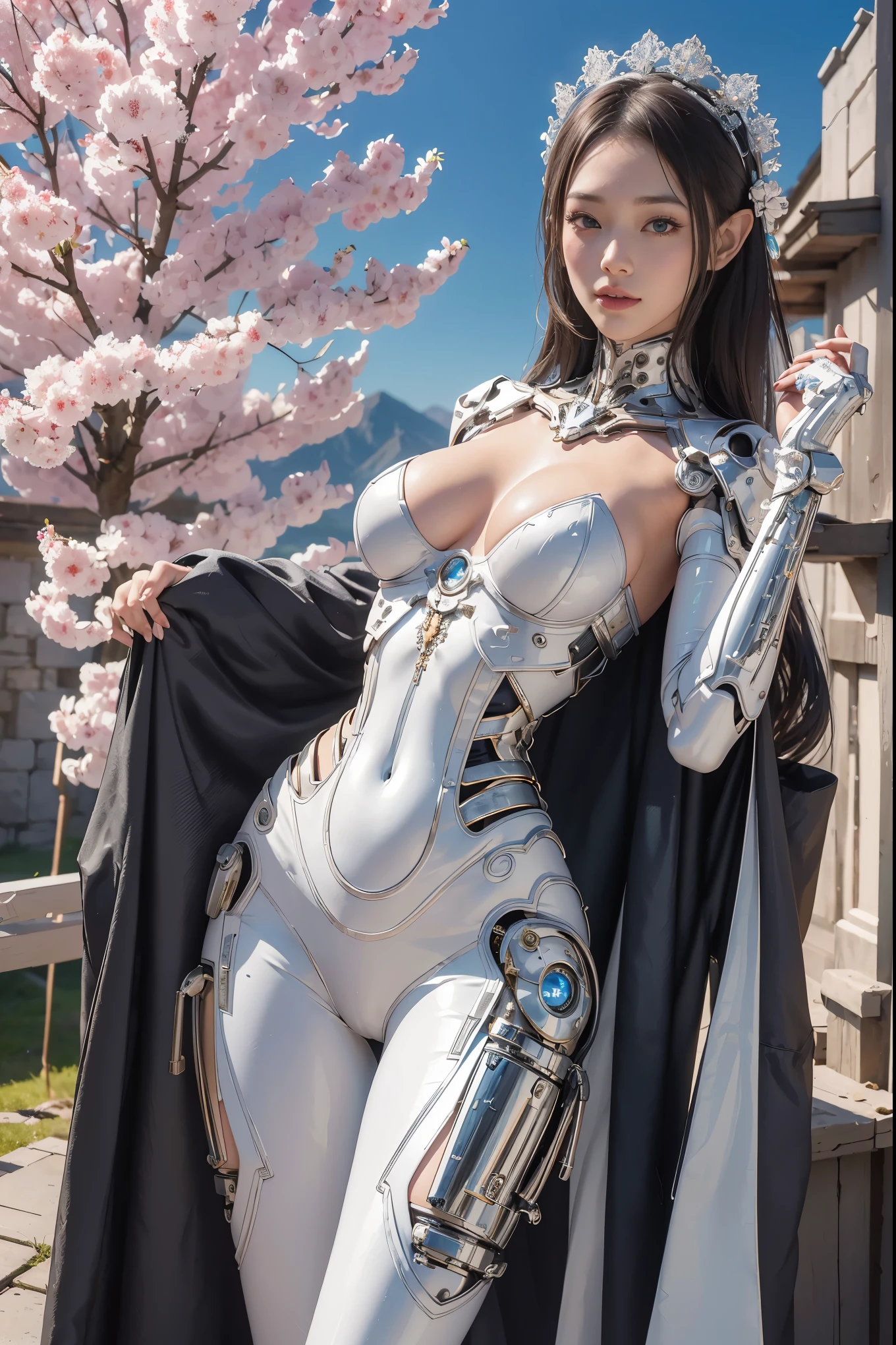 (high resolucion, 4k, Masterpiece:1.2),((Ultra-detailed:1.2)),(realisitic,Realistis:1.37),Girl robot married in Japan,mechanical limb,Mechanical trunk,Made of shiny white and silver translucent glass and plastic, Delicate lace dresses, Joyful expressions, , vibrant colours, Sakura Background, Bright sunlight, highly intricate details, Female elves, Beautiful waist, navels, big size , Exposed metal skeleton, 1 Cyborg Girl, Detailed hydraulic cylinders from Sumer, Raw skin  exposed to the valley、large full , (random pose、dynamicposes,:1.2)