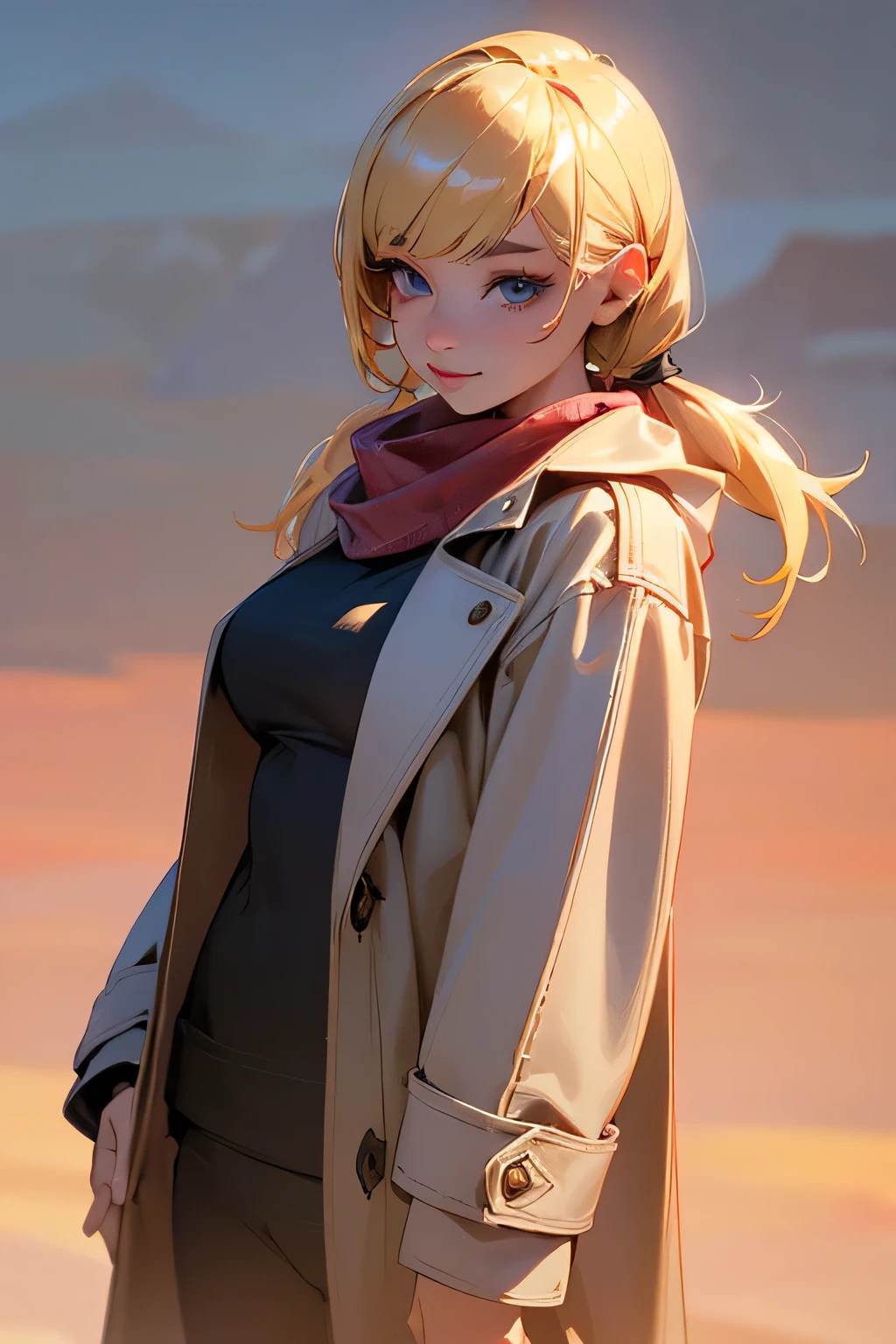 masterpiece, highest quality, super detailed, High resolution, (realistic, photo-realistic:1.37), excellent anatomy, 1 beautiful woman, 8K quality, aesthetics, cinematic lighting, (detailed line drawing), perfect face, Details, double pigtails hair, dull bangs, (hair between eyes), blonde hair, blue eyes, eyelash, eye shadow, pink eye shadow, bright smile, (scarf), coat, jumper, sweater, open coat, ((cowboy shot:1.1)), dynamic angle, looking at the viewer, hold out her hand, ((morning sun background, winter creek background)), nice body, medium breasts, very detailed指, best hand, beautiful face, beautiful eyes, perfect eyes, perfect fingers, best light, best shadow, mysterious, very detailed,