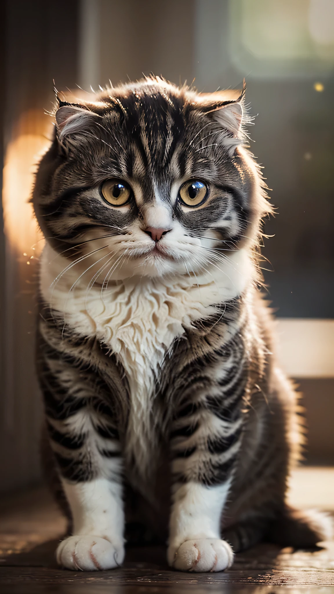 cute little surreal cat、Scottish Fold、droopy ears、Little、adorable fluffy、cinematic lighting effects、Charming、cute and quirky、fantasy art、Bokeh、digital painting、soft lighting、4K resolution、 photorealistic rendering、very detailed、a realistic masterpiece、professional photography、