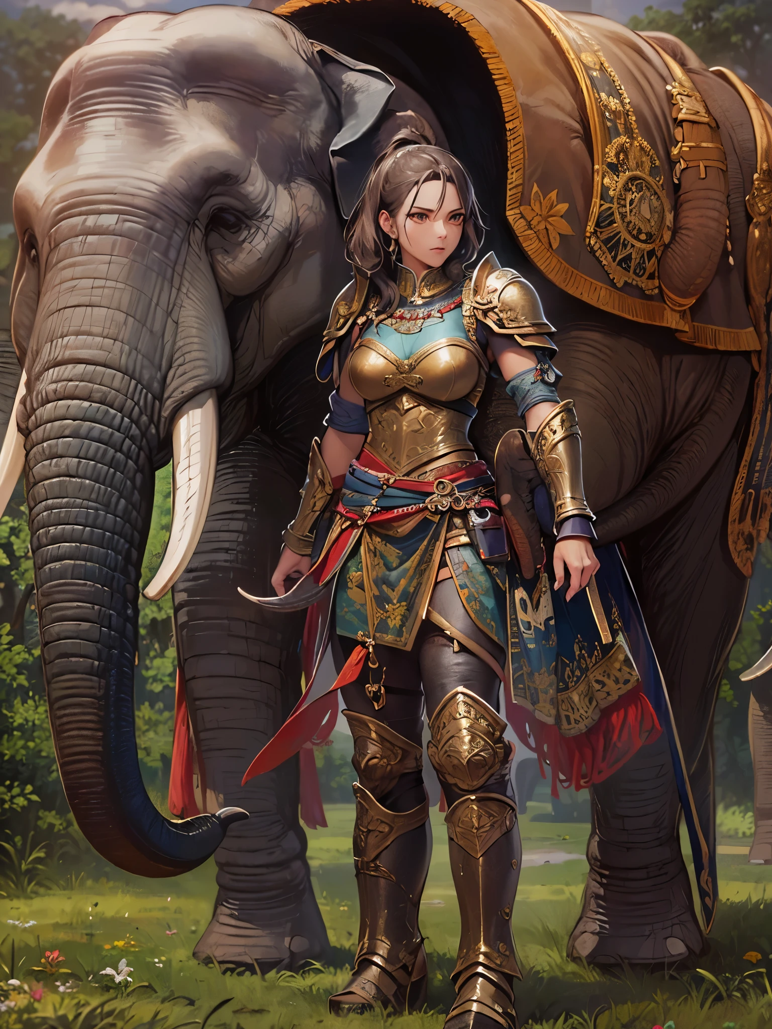 ((top quality)),(ultra high resolution),(Super detailed),(detailed description),((best CG)),(finest works of art),super precision art,amazing art of depiction,(Art with precise depiction in every detail:1.5), (one female warrior:1.6),armor made of leather 1.7,brave,encourage:1.6, (riding an elephant:1.6),　