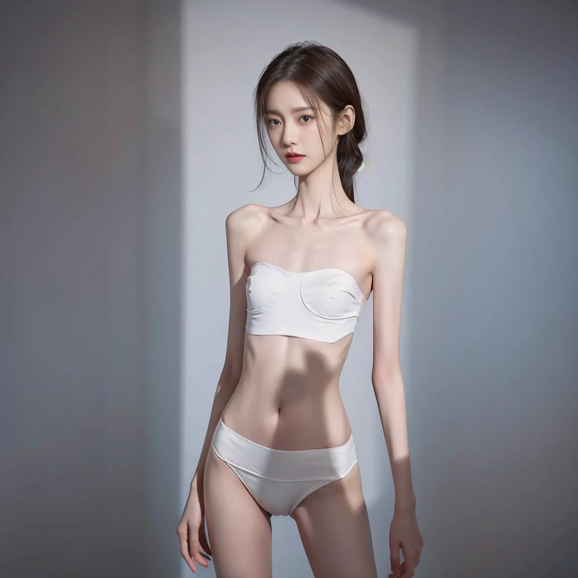 NSFW, Poor naked model who is too thin, Malnourished, anorexic and unhealthily thin., standing with one&#39;s body turned to the side, super thin body, body too thin, small and flat chest, pelvis too small, legs too thin, body without muscles, Her body is so thin that her ribs are visible,27 year old model, perfect face,