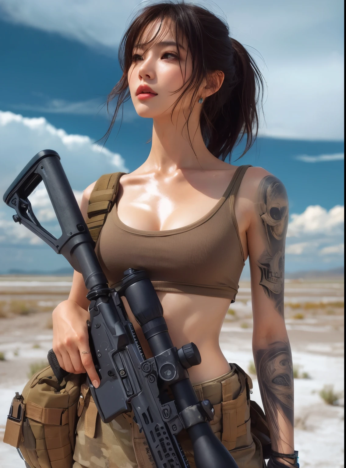 photorealistic、realistic skin texture、automatic rifle