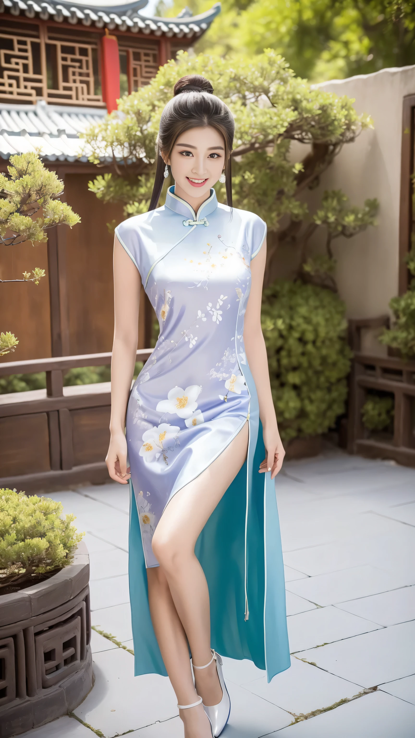 Fashion model 18 years old， [[[[close up]]]], [[[[Rapeseed]]]], [[[[Shoulder]]]], perfect eyes, perfect iris，perfect lips，perfect teeth，perfect skin，White skin，high dynamic range，movie girl，(delicate face)，(Highly clear face)，((Lilac Chinese cheongsam)))，(((ancient chinese women&#39;hairstyle)))，((()))，((()))，（(((Ancient Chinese courtyard in the background)))，((legs apart))，(Lush green flowers in bloom)，((A smile of excitement and satisfaction on his face))，((charming expression))，((looking at the audience))，4k ultra high definition, ultra high resolution, (realistically: 1.4), best quality，masterpiece，（pastel colors：1.2)
