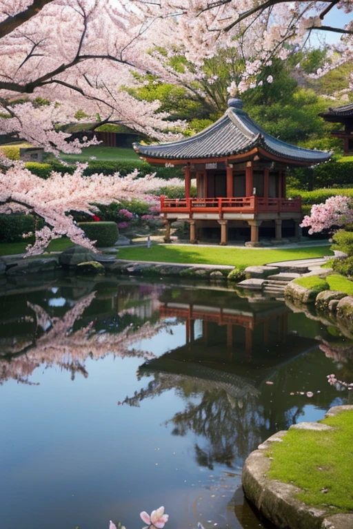 absurd, high resolution, Super detailed, beautiful, masterpiece, best quality,Ancient temple, Lush gardens, bright colors, Quiet pond, traditional architecture, Cherry blossoms