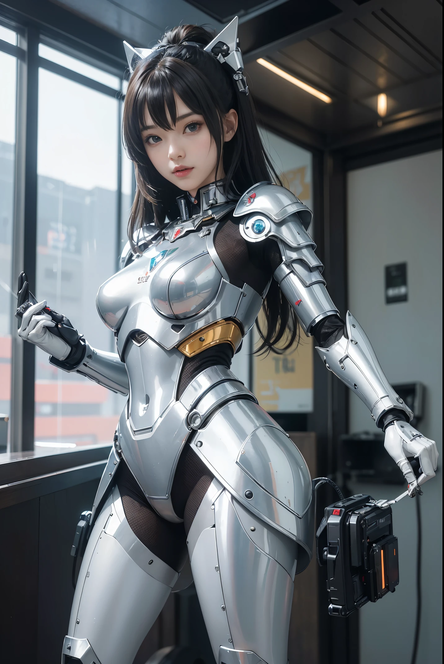 (high resolucion, 4k, Masterpiece:1.2),((Ultra-detailed:1.2)),(realisitic,Realistis:1.37),Girl robot married in Japan,mechanical limb,Mechanical trunk,Made of shiny white and silver translucent glass and plastic, robot armor dresses, Joyful expressions, , there a woman that taking a picture of herself, a hologram inspired by Leng Mei, trending on cg society, interactive art, cosplayer, trending at cgstation, anime convention, anime , holding a pair of fans. unreal 5, anime style mixed with fujifilm, professional , girl in mecha cyber armor, hot topic anime convention, (random pose、dynamicposes,:1.2)