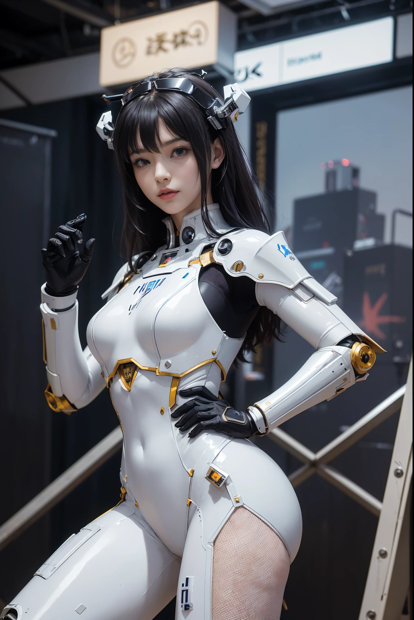 (high resolucion, 4k, Masterpiece:1.2),((Ultra-detailed:1.2)),(realisitic,Realistis:1.37),Girl robot married in Japan,mechanical limb,Mechanical trunk,Made of shiny white and silver translucent glass and plastic, robot armor dresses, Joyful expressions, , there a woman that taking a picture of herself, a hologram inspired by Leng Mei, trending on cg society, interactive art, cosplayer, trending at cgstation, anime convention, anime , holding a pair of fans. unreal 5, anime style mixed with fujifilm, professional , girl in mecha cyber armor, hot topic anime convention, (random pose、dynamicposes,:1.2)