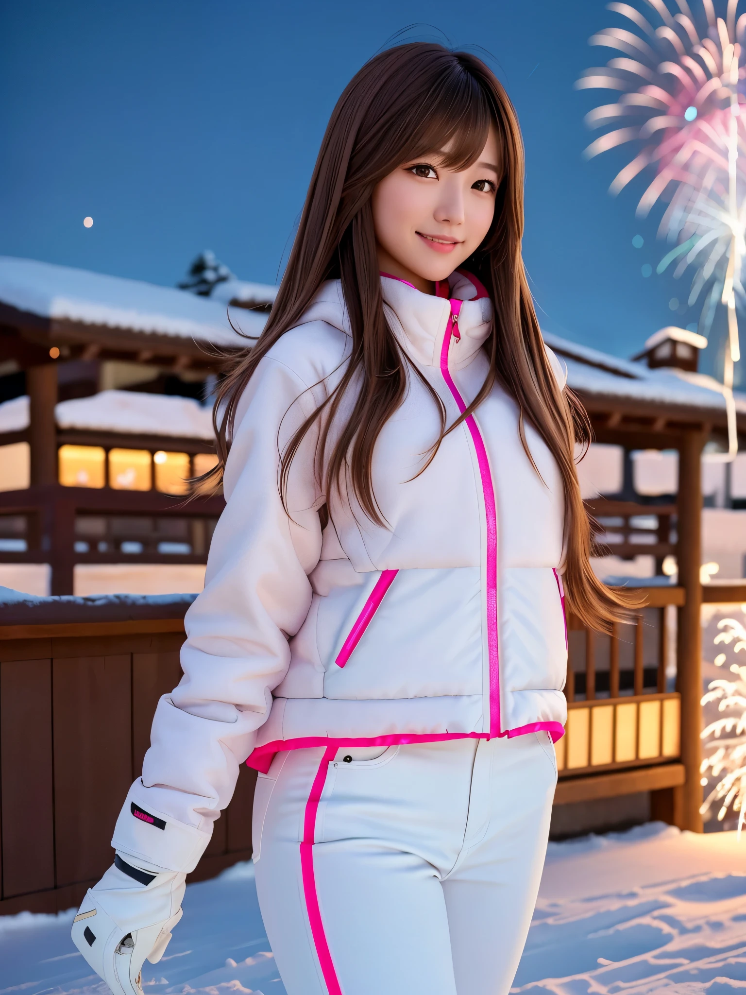 product quality, 1 girl, cowboy shot, front view, a Japanese young pretty girl, long bob hair, snow falling, fireworks in the night sky, skiing with a big smile among snow mountains in the night, wearing a pink ski wear, a long length white ski pants, ski gloves, hyper cute face, glossy lips, double eyelids for both eyes, natural makeup, shiny smooth light brown hair of long bob hair, asymmetrical bangs, high resolution, high detail, detailed hairstyle, detailed face, cinematic lighting, octane rendering, hyper realistic, perfect limbs, perfect anatomy