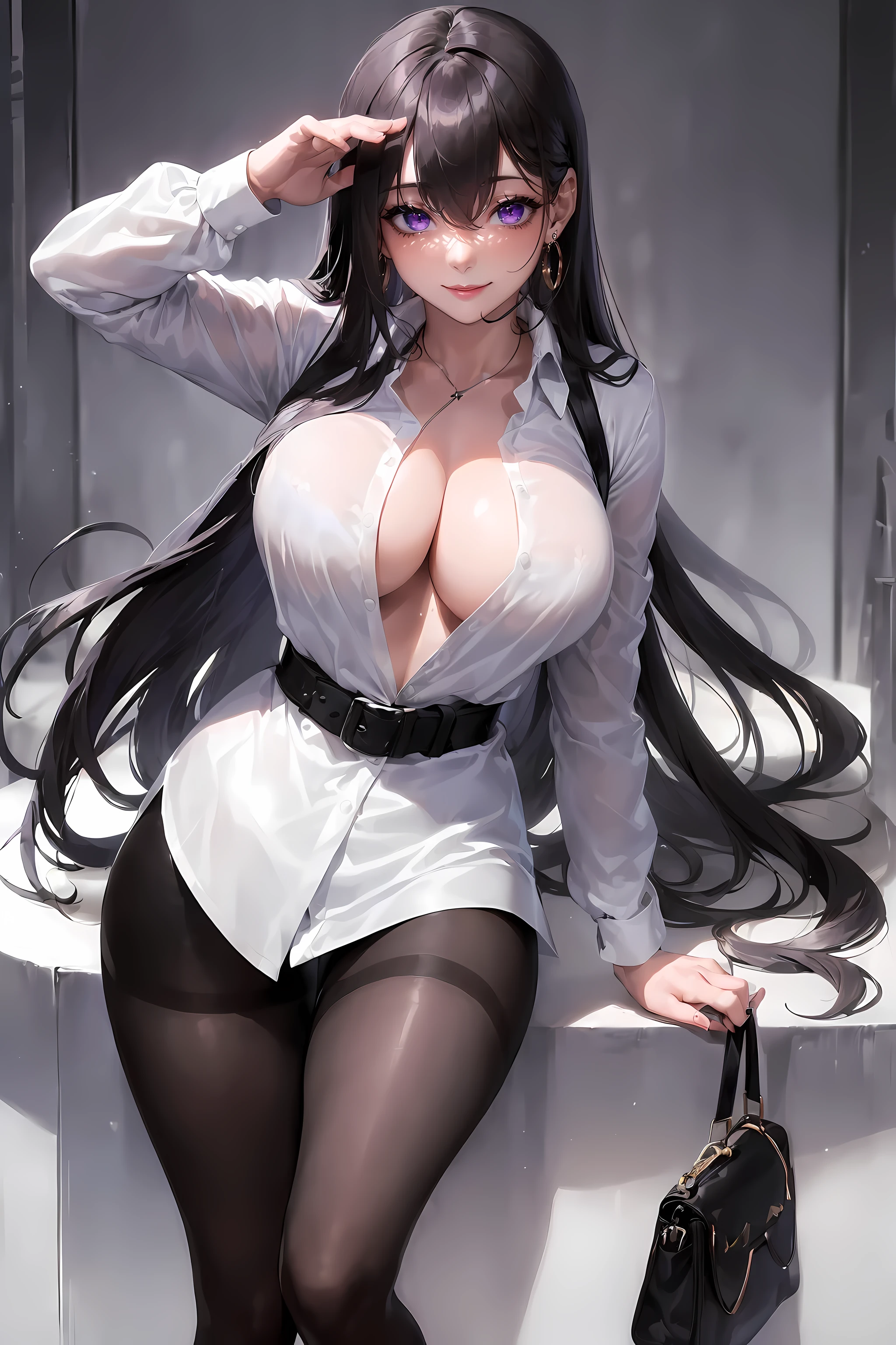 (1girl:1.5),(Best quality,4K,8K,A high resolution,tmasterpiece:1.2),ultra - detailed,(actual,photoactual,photo-actual:1.37),black suit jacket,sliver long hair,girl with Redlip,girl in suit jacket,girl in elegant clothing,Redlip,Perfect application for lipstick,(beautidful eyes:1.4),(white shirt:1.5),silber hair,a purple eye,light smile,Happy expression,highlydetailed skin,Stunning face,Long eyelashes,black eyeliner,a work of art,(Black belt:1.2),white shirt,Dangle earrings,(regular suit:1.2),Full body lesbian