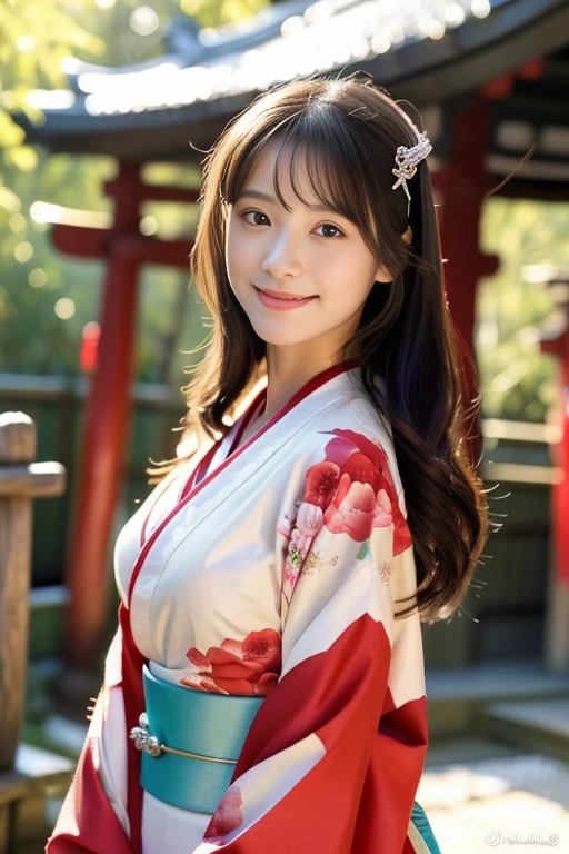 (((masterpiece))), (((full body photo)))，(((first visit of the year to a shrine)))、(((japanese shrine)))、 (one beautiful girl, innocence，cute) ，ultra high resolution, reality, Super detailed, 8k,highest quality, very detailed, blurred background,thin，small breasts，(very beautiful japanese girl, detailed face:1.3), (Gorgeous hair ornamentlack hair :1.4), (baby face，cute系,adorable 10 year old girl), (perfect body:1.1),((She  wearing a gorgeous long-sleeved kimono based on red.))、Rose color，Gorgeous smile,Super detailedな顔、detailed lips、detailed eyes、small gravure idol，transparent skin、lolita，photoreal:1.37、Wrapped in the morning sun，clear air，cold winter ailling snow、snow scene