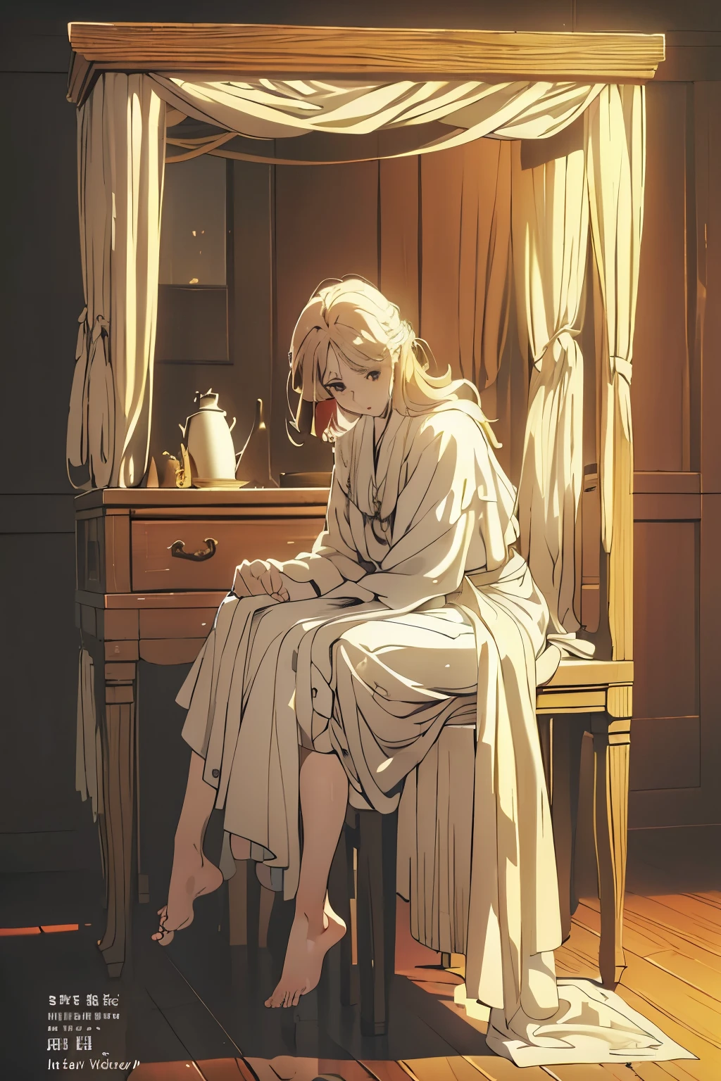 (monochrome)、(line art)、N.F.S.W.、1 female、35 year old married woman,Full body image with averted gaze、cover one's body with one's arms、I sit with my legs wide open to the left and right.、Confused and lost、My face turns red with surprise、immoral background、has straight golden hair.,biologically correct、anatomically correct、my feet are wet with mucus..,delicate expression and eyes,open legs,barefoot、show sexy legs、Glossy skin,adult woman,A revealing robe made of thin fabric is tied around the waist.、