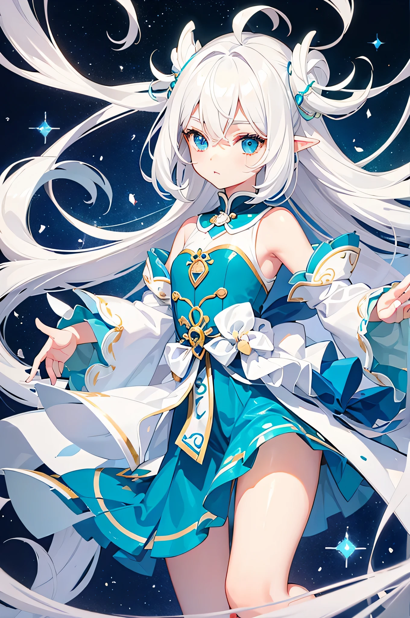 Creamy white hair，Fuzzy clotheao Pipa，blue and white colour scheme，Cute as a Jade Rabbit Elf，Precision and flexibility，white beautiful appearance，It's a cute girl，small loli，twincest，whaite hair，stocklings，