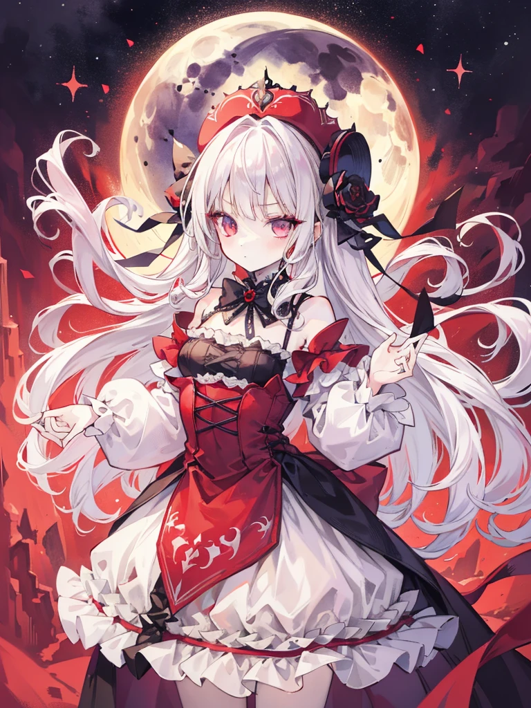 tmasterpiece，HighestQuali，1girll，Gothic，Lolita style，long  white hair，curlies，red color eyeine detail eyes，Hats，the night，themoon，borgar