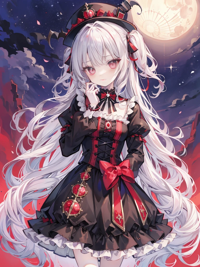 tmasterpiece,HighestQuali,1girll,Gothic,Lolita style,long white hair,curlies,red color eyeine detail eyes,Hats,the night,themoon,borgar