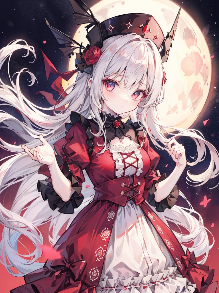 tmasterpiece,HighestQuali,1girll,Gothic,Lolita style,long white hair,curlies,red color eyeine detail eyes,Hats,the night,themoon,borgar