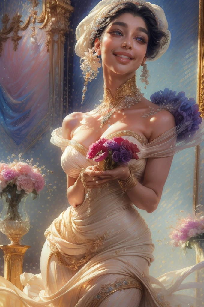 (highres, realistic:1.37), beautiful detailed eyes, beautiful detailed lips, longeyelashes, curvy figure, confident smile, elegant pose, vibrant colors, regency era, bokeh, oil painting style, soft lighting, romantic setting, blooming flowers, flowing dress, graceful movement, delicate features, alluring gaze, 