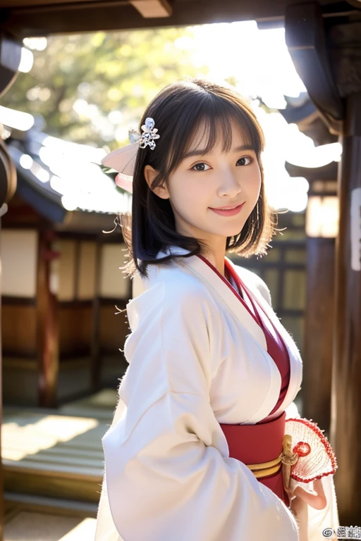 (((masterpiece))), (((full body photo))),(((first visit of the year to a shrine)))、(((japanese shrine)))、 (one beautiful girl, innocence,cute) ,ultra high resolution, reality, Super detailed, 8k,highest quality, very detailed, blurred background,thin,small breasts,(very beautiful japanese girl, detailed face:1.3), (Gorgeous hair ornaments,short black hair :1.4), (baby face,cute系,adorable 10 year old girl), (perfect body:1.1),((She wearing a gorgeous long-sleeved kimono based on white.))、Rose color,Gorgeous smile,Super detailedな顔、detailed lips、detailed eyes、small gravure idol,transparent skin、lolita,photoreal:1.37、Wrapped in the morning sun,clear air,cold winter ailling snow,snow scene,背景にたくさんのfirst visit of the year to a shrine客
