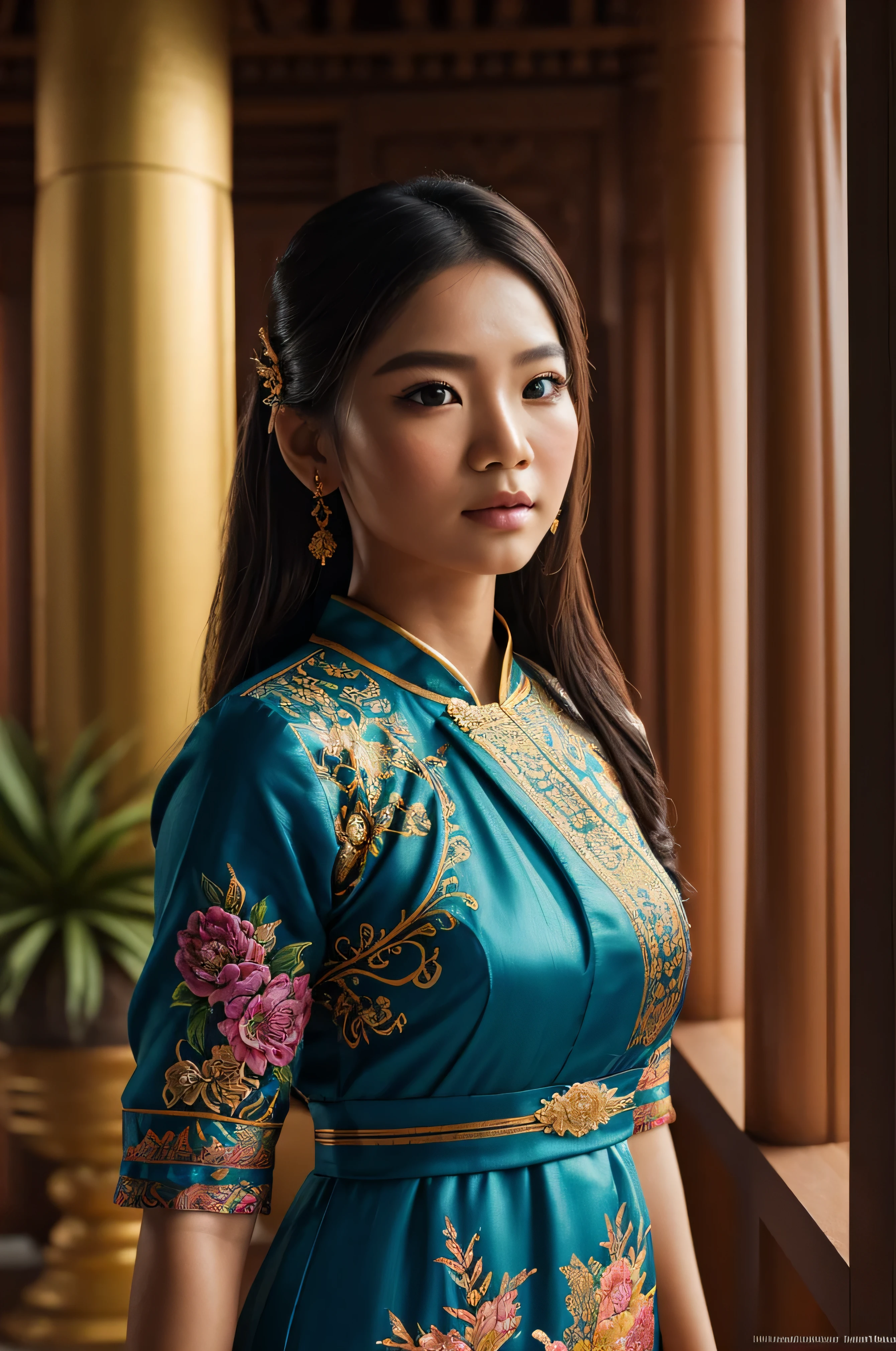 Beautiful Girl,Painting,Thai Dress,Temple,ultra hd,realistic,
vivid colors,highly detailed,UHD drawing,pen and ink,perfect composition,beautiful detailed intricate insanely detailed octane render trending on artstation,8k artistic photography,photorealistic concept art,soft natural volumetric cinematic perfect light
