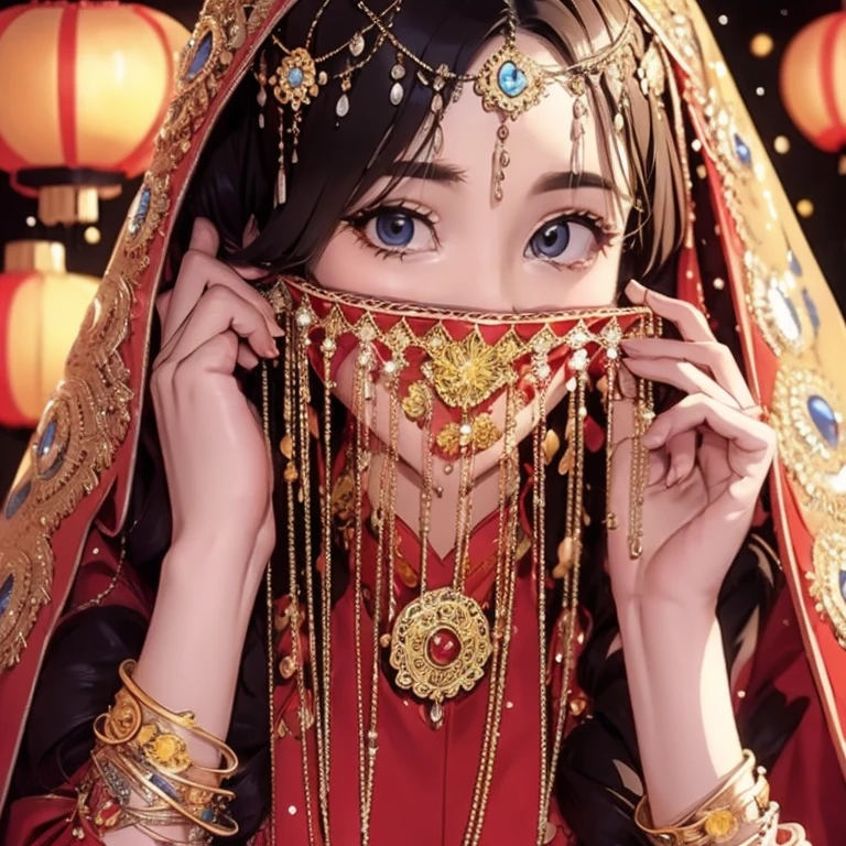 Head close-up，（（（Eyes are very delicate）））（（（hair accessories）））（（（veil（24））））（（（veil））），necklace，Wearing a red transparent silk dress， ((skin glowing))The room  filled with Chinese New Year decorationasterpiece）））， （（best quality））， （（intricate details））， （（Surreal））（8K）