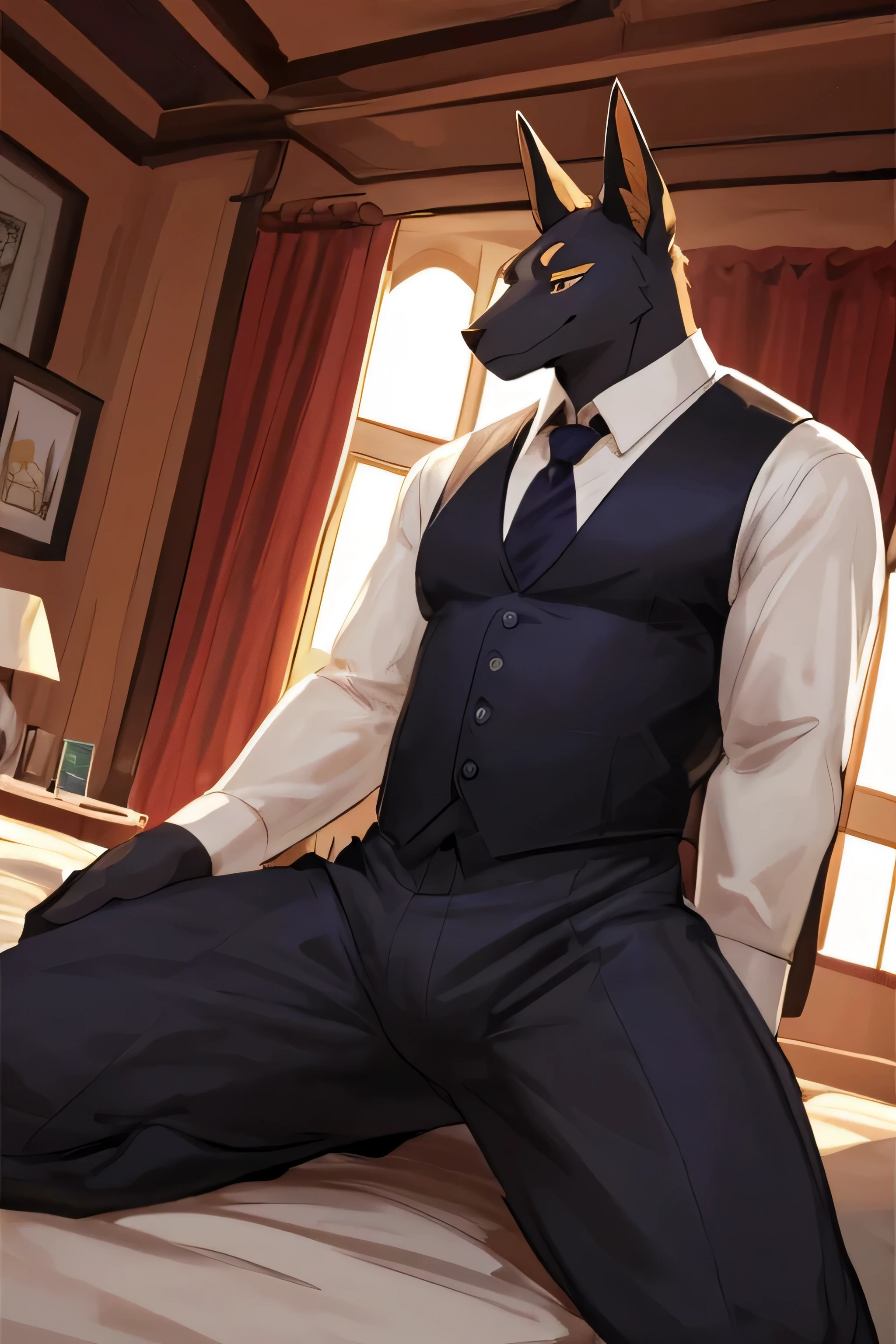 (Best quality: 1.0), (Super High Resolution: 1.0), (masterpiece, best quality:1.2), man, male anthro, solo, anubis, dilf anubis, grandpa anubis, old man, old, grandpa, really old man, (about 70 years old), huge, tall, daddy, legs, tail, looking pleasured, sexually, sexy pose, SFW, (black body:1.1), skinny, huge pecs, look at view, detail hands, butler, butler outfit, shirt, pants, vest, very detail, look at view, first person view, by bebebebebe, lying on bed