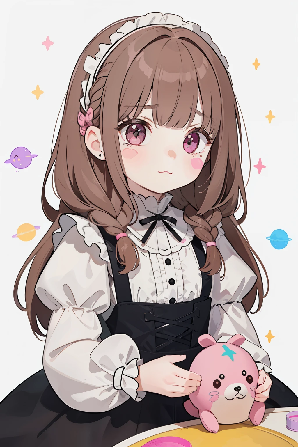 (table top), (highest quality), (Super detailed), (whole body: 1.2), 1 girl, , cute, troubled face,colorful background, pink, black and white gothic lolita clothing, blush, : 3, (braided hair),(banguri and, brown hair, (brown eyelash stickers, Bangortiful detailed face), (Beautiful and detailed eyelid body,cuteポーズ,(A space full of stuffed animals and toys)