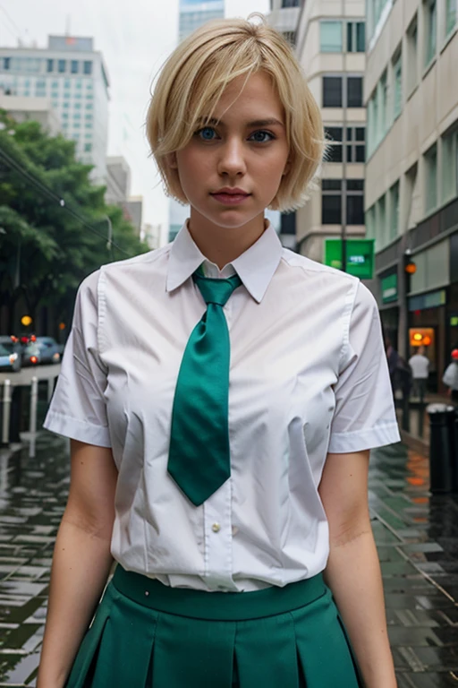 1 girl, blond, short hair, blue eyes, White shirt, green tie, green skirt, City, rain, Detailed background